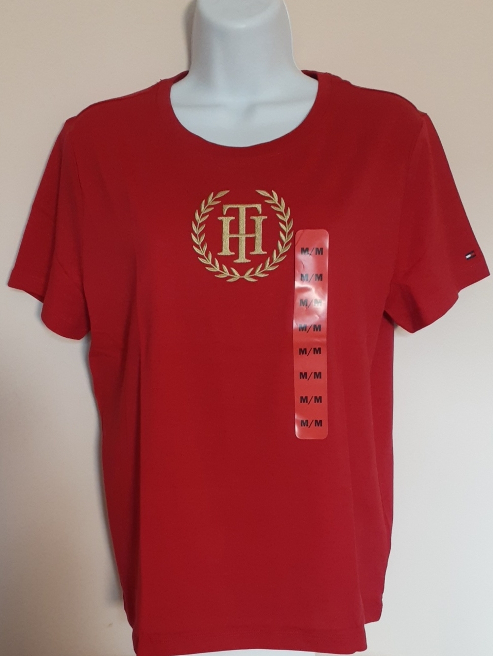 Tommy Hilfiger Red Short Sleeve Tee with Gold Crest - Sz Medium